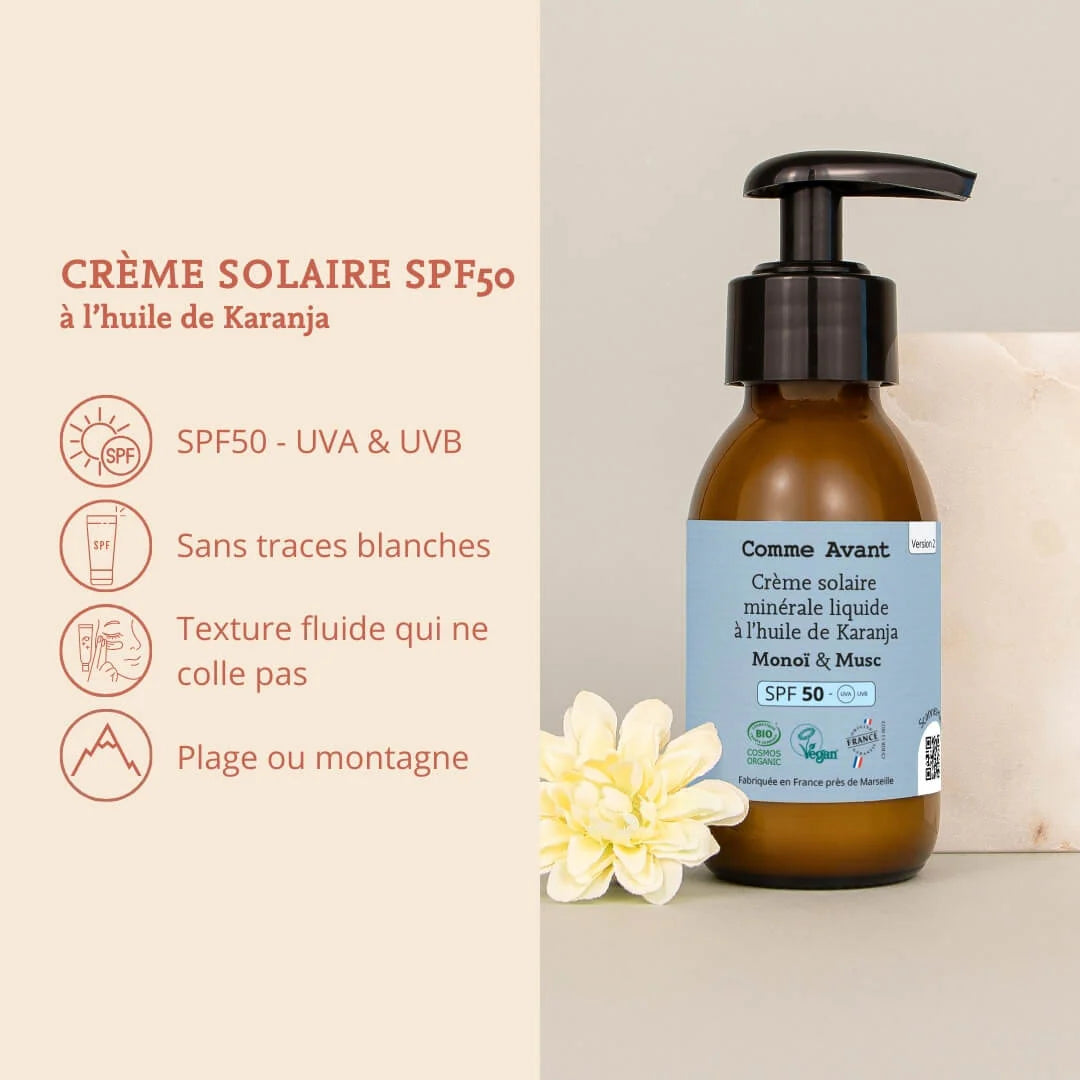 Protector solar mineral líquido SPF-50 con aceite de Karanja