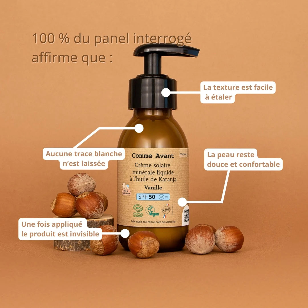 Protector solar mineral líquido SPF-50 con aceite de Karanja